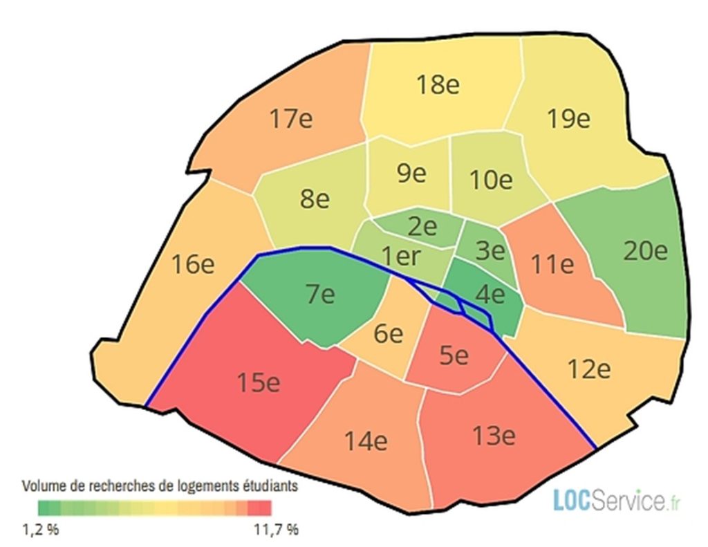 Les arrondissements de Paris les plus souvent demandés pour un logement étudiant en 2023.