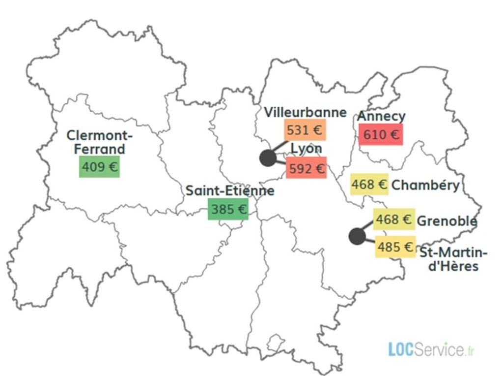 Carte des loyers moyens de studios étudiants observés dans la région Auvergne-Rhône-Alpes en 2023.