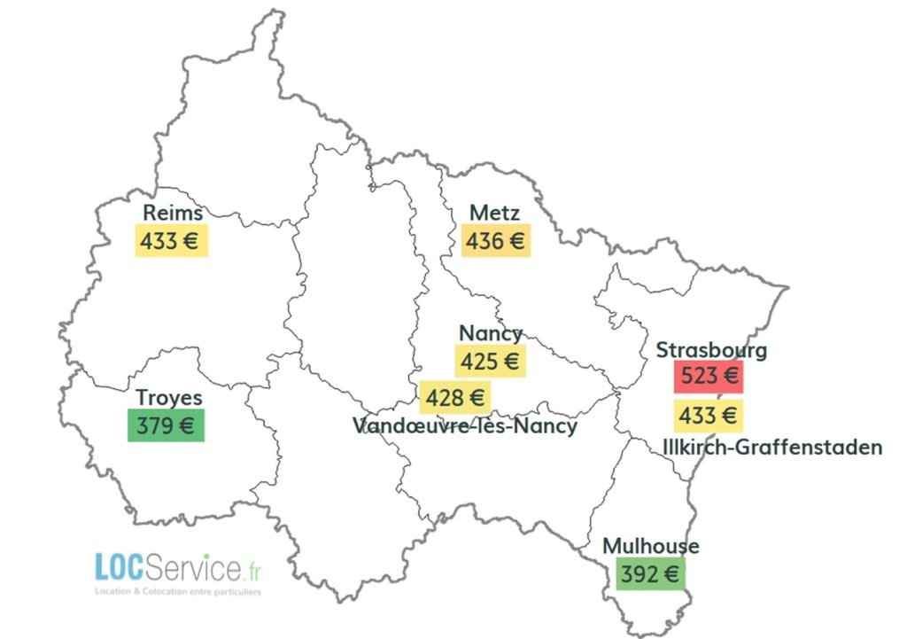 Carte des loyers moyens de studios étudiants observés dans la région Grand Est en 2023