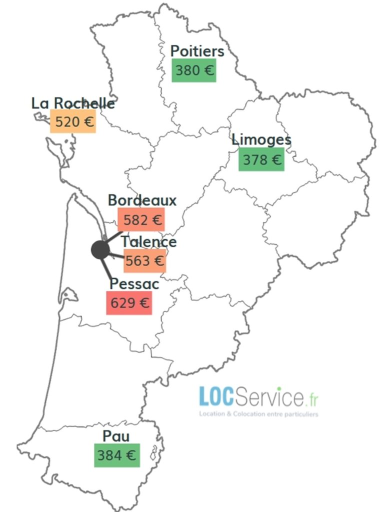 Carte des loyers moyens de studios étudiants observés dans la région Nouvelle-Aquitaine en 2023.