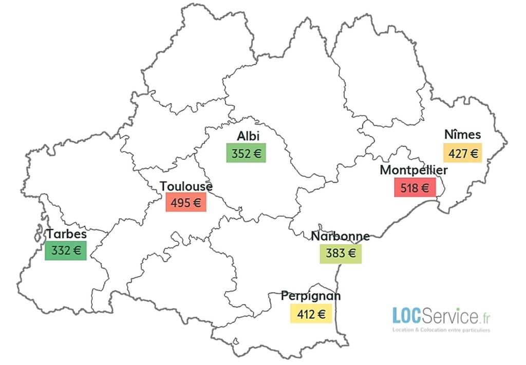 Carte des loyers moyens de studios étudiants observés dans la région Occitanie en 2023