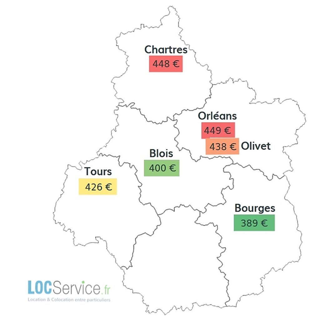 Carte des loyers moyens de studios étudiants observés en région Centre-Val de Loire en 2023