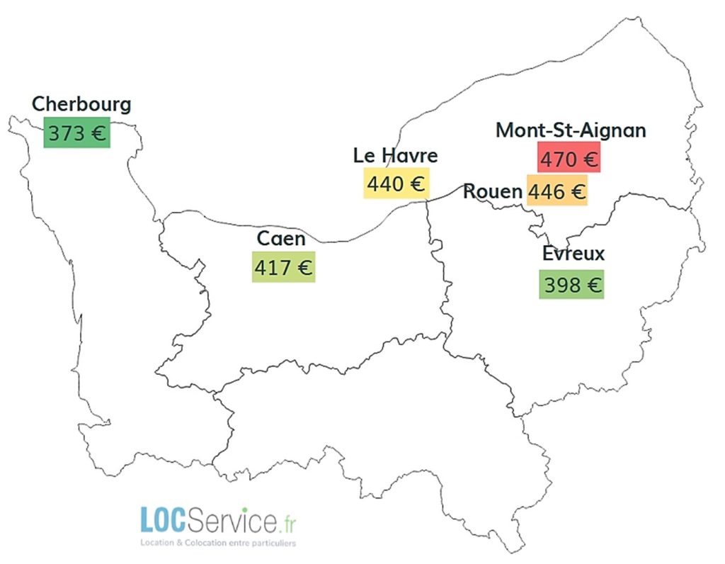 Carte des loyers moyens de studios étudiants observés dans la région Normandie en 2023