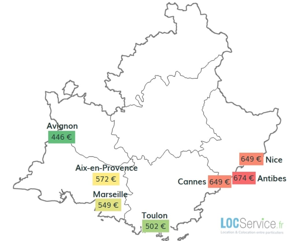 Carte des loyers moyens de studios étudiants observés dans la région PACA en 2023