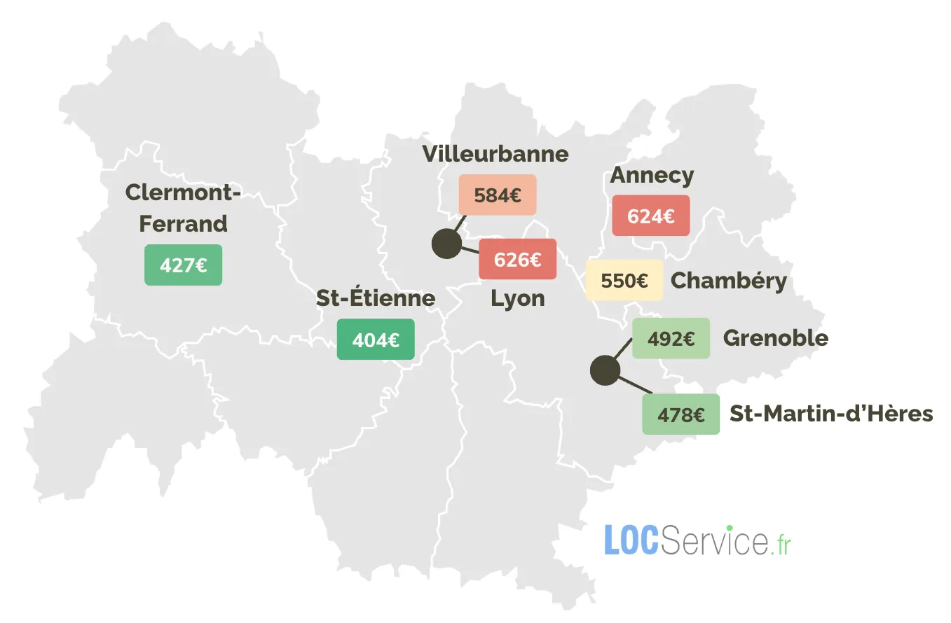 COMBIEN COÛTE UN STUDIO ÉTUDIANT SELON LA VILLE ? Carte de la région Auvergne-Rhône-Alpes