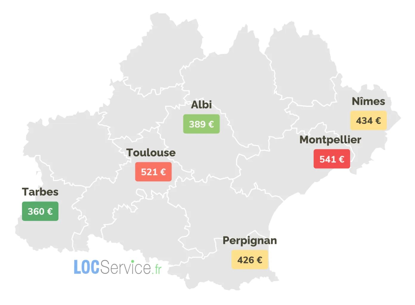 COMBIEN COÛTE UN STUDIO ÉTUDIANT SELON LA VILLE ? Carte de la région d'Occitanie