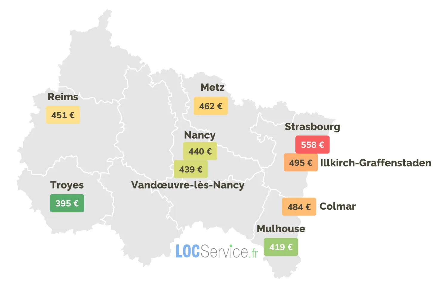 COMBIEN COÛTE UN STUDIO ÉTUDIANT SELON LA VILLE ? les loyers moyens, charges comprises, observés en région Grand Est pour un studio étudiant en 2025