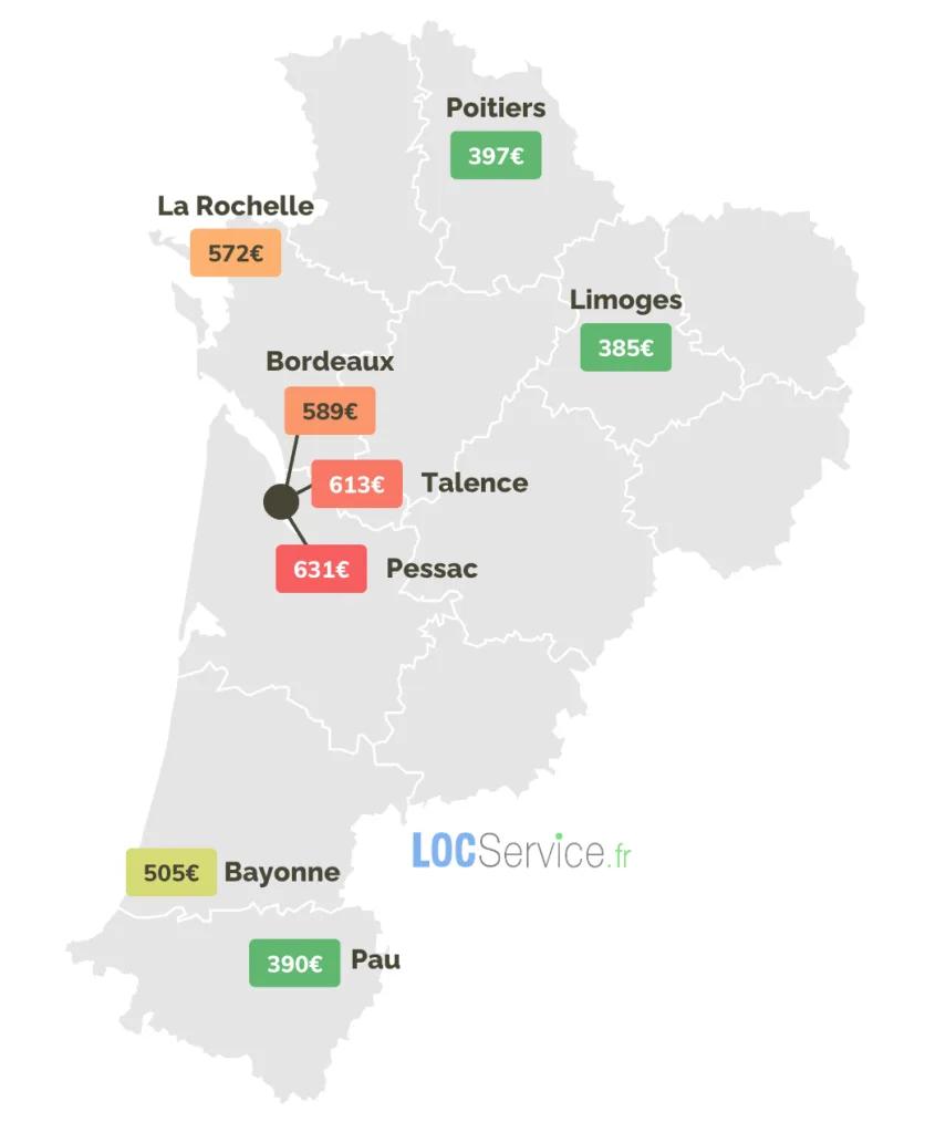 COMBIEN COÛTE UN STUDIO ÉTUDIANT SELON LA VILLE ? Carte de la région de la Nouvelle Aquitaine