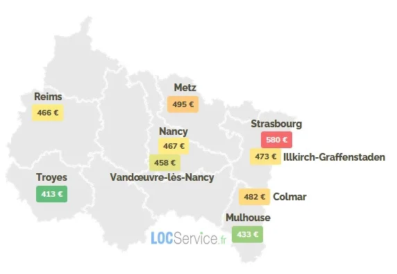 les loyers moyens, charges comprises, observés en région Grand Est pour un studio étudiant en 2026