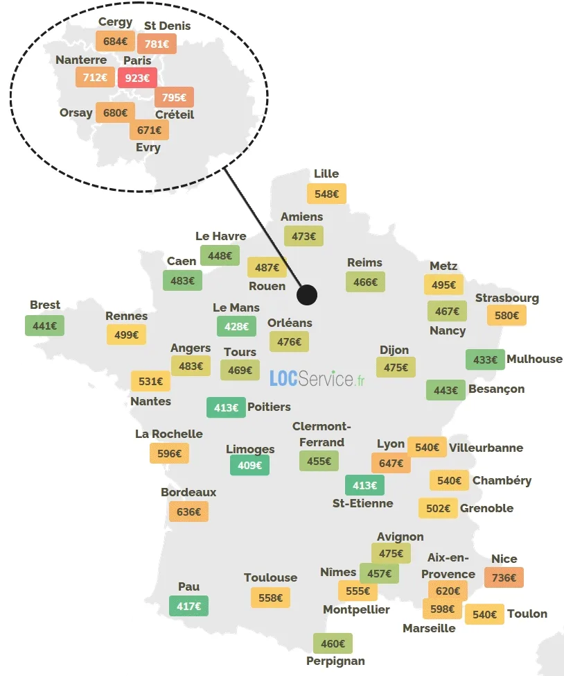 Carte des loyers des logements étudiants en France en 2026.