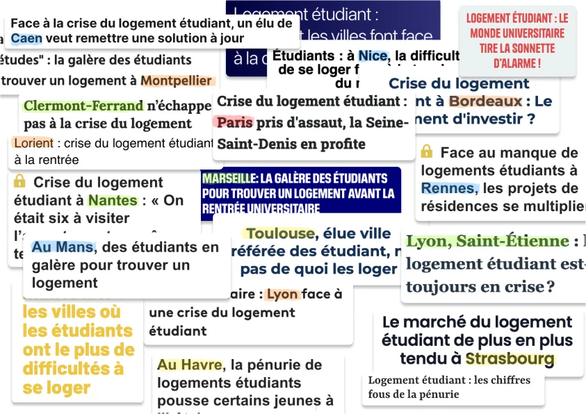 Mosaïque de coupures de presse régionale qui parlent des difficultés pour trouver un logement étudiant dans différentes grandes villes françaises.