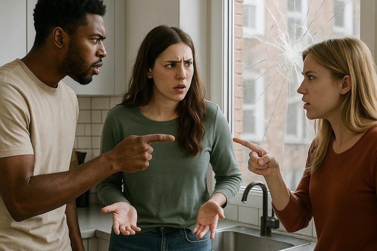 Trois colocataires d’une vingtaine d’années se disputent dans la cuisine d’un appartement moderne à cause d’une vitre cassée.