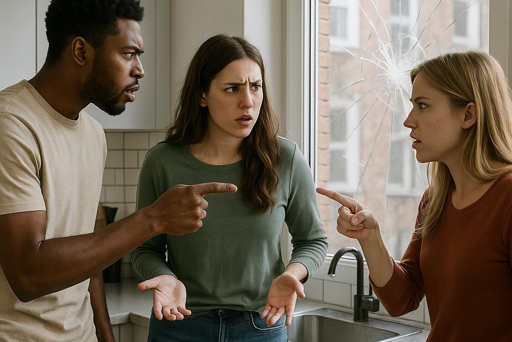 Trois colocataires d’une vingtaine d’années se disputent dans la cuisine d’un appartement moderne à cause d’une vitre cassée.