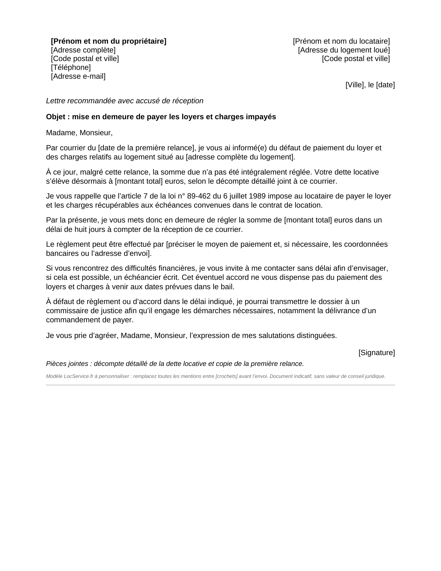 Aperçu du modèle de mise en demeure de payer le loyer