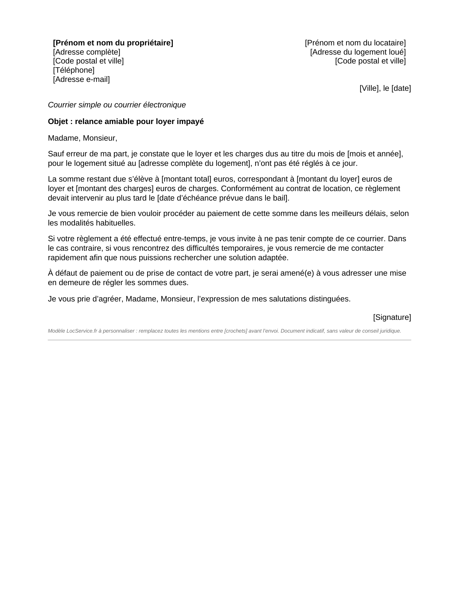 Aperçu du modèle de lettre de relance pour loyer impayé