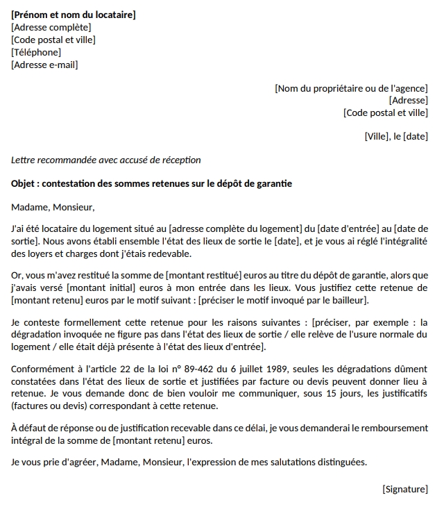 Aperçu du modèle de lettre de contestation d'une retenue sur le dépôt de garantie