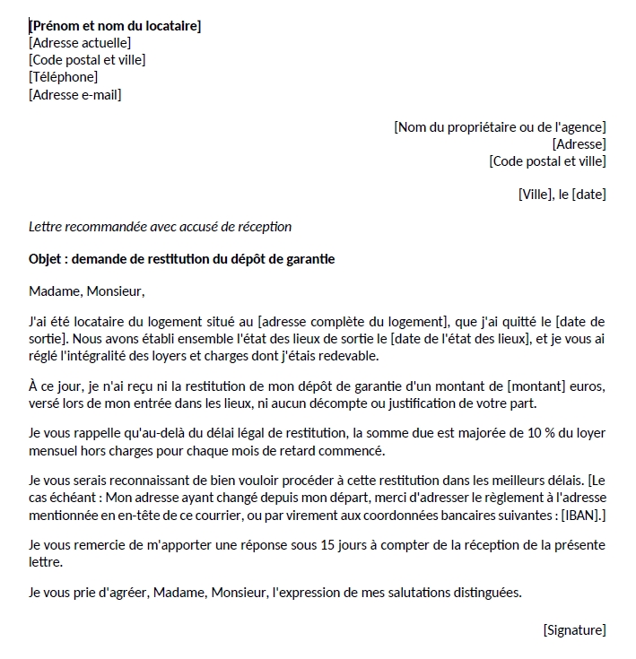 Aperçu du modèle de lettre de demande de restitution du dépôt de garantie