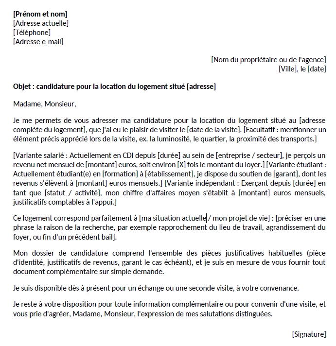 Aperçu du modèle de lettre de motivation pour une location