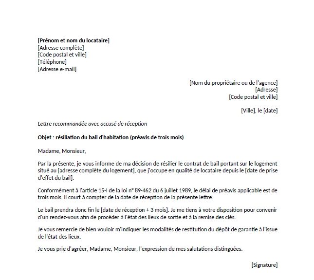 Aperçu du modèle de lettre de préavis 3 mois, logement vide