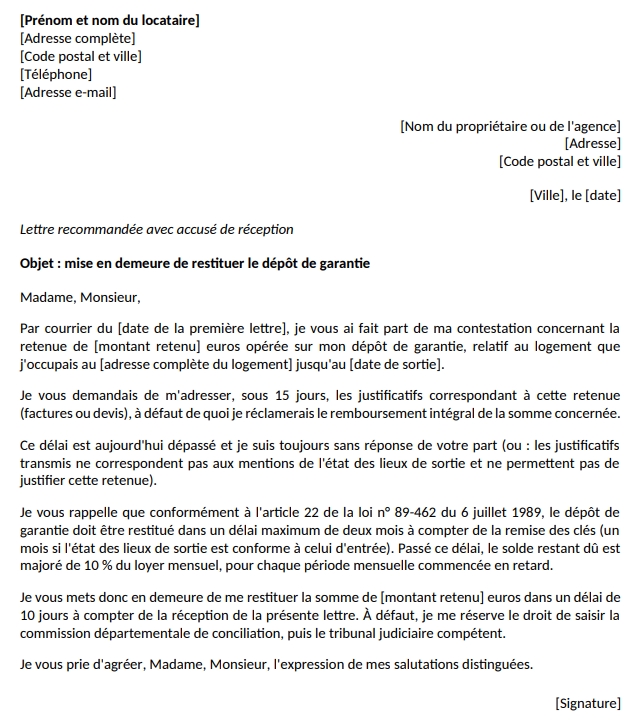 Aperçu du modèle de mise en demeure pour la restitution du dépôt de garantie