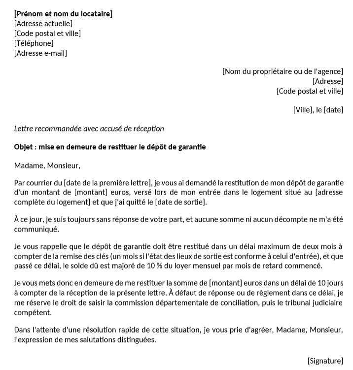 Aperçu du modèle de mise en demeure pour la restitution du dépôt de garantie