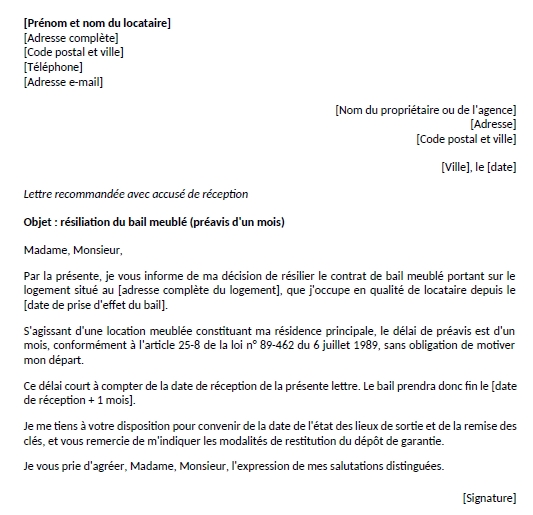 Aperçu du modèle de lettre de préavis 1 mois, logement meublé
