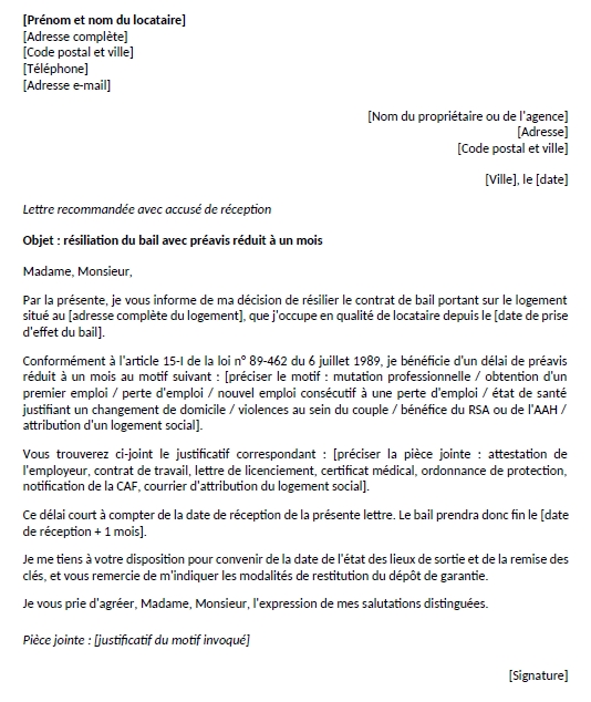 Aperçu du modèle de lettre de préavis 1 mois, motif légal