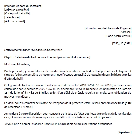 Aperçu du modèle de lettre de préavis 1 mois, zone tendue
