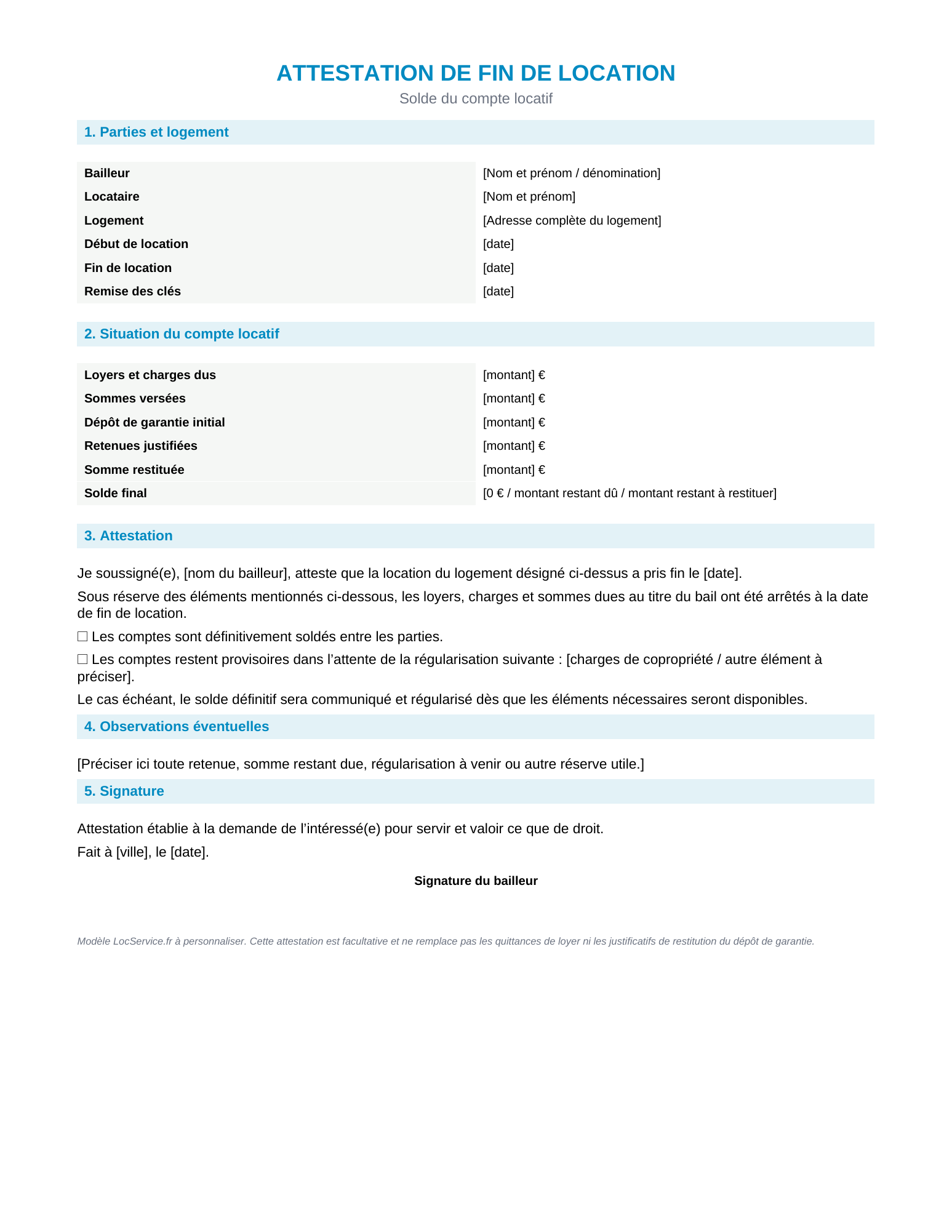 Aperçu du modèle d’attestation de fin de location et solde du compte locatif