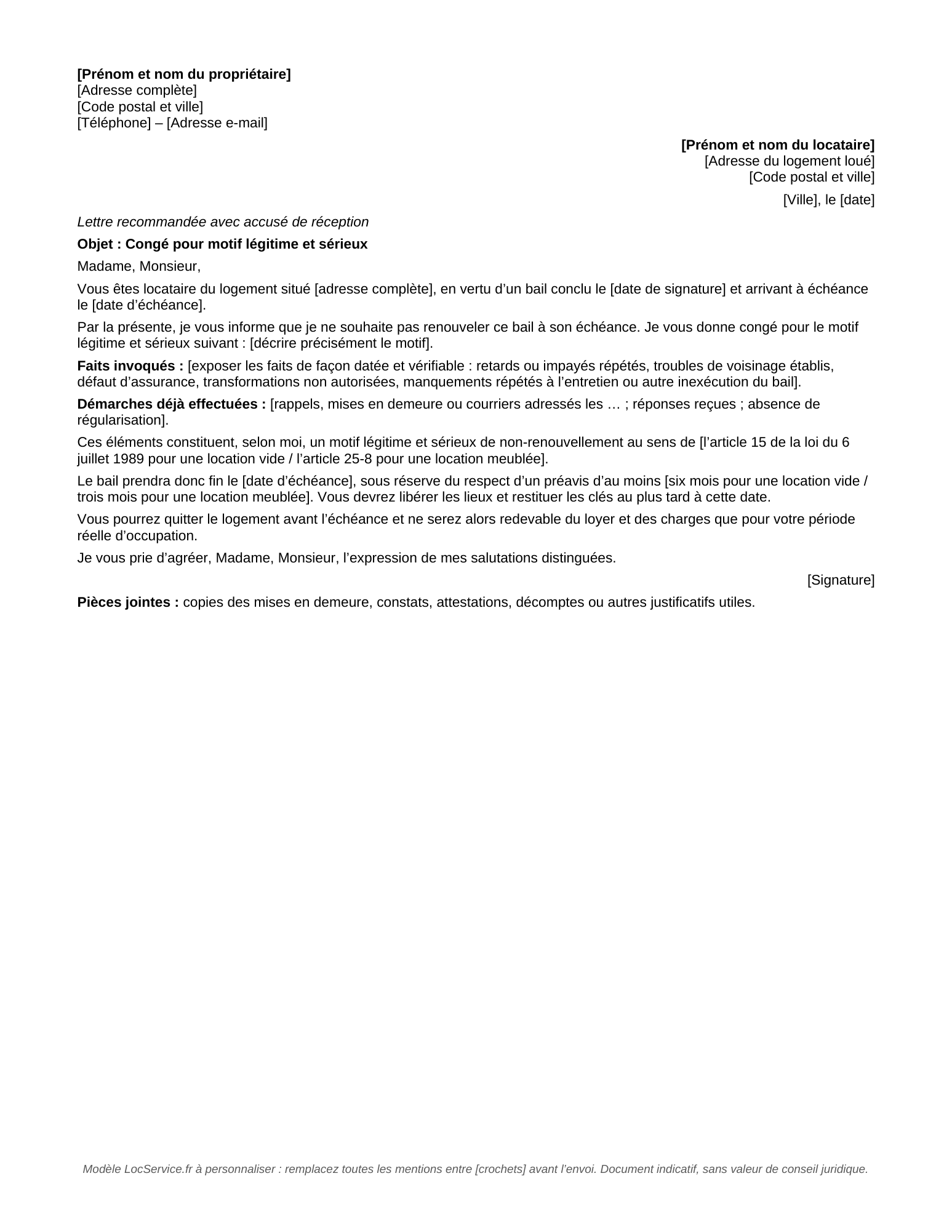 Aperçu du modèle de congé pour motif légitime et sérieux