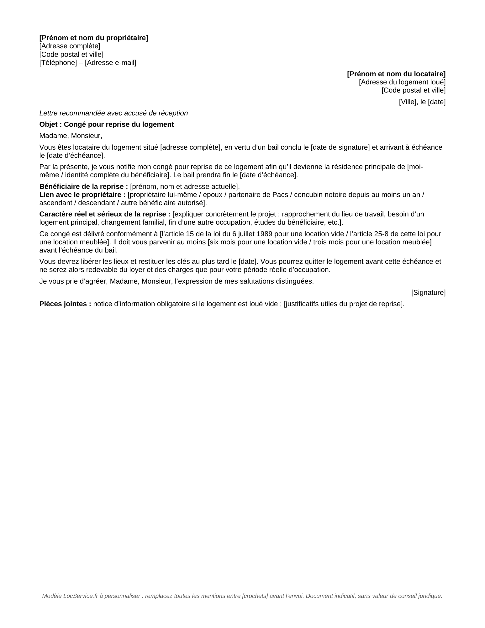 Aperçu du modèle de congé donné par le propriétaire pour reprise