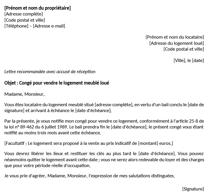 Aperçu du modèle de congé donné par le propriétaire pour vendre (bien meublé)