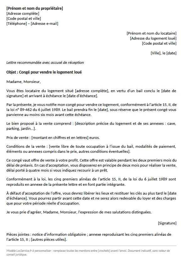 Aperçu du modèle de congé donné par le propriétaire pour vendre (bien non meublé)