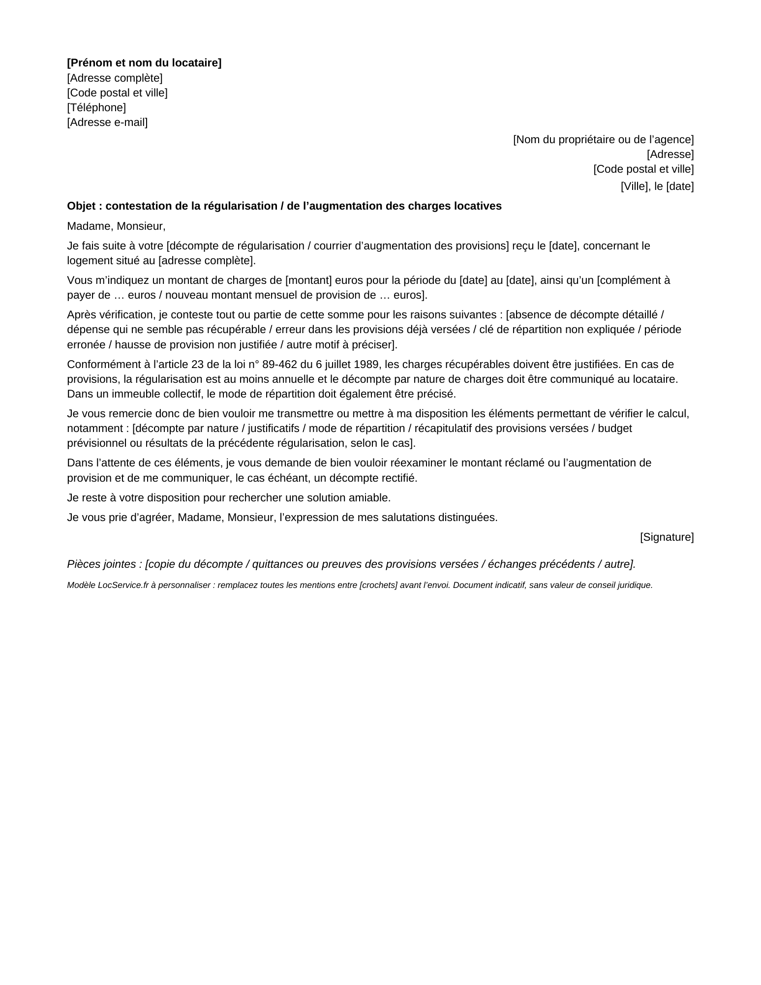 Aperçu du modèle de contestation amiable des charges locatives