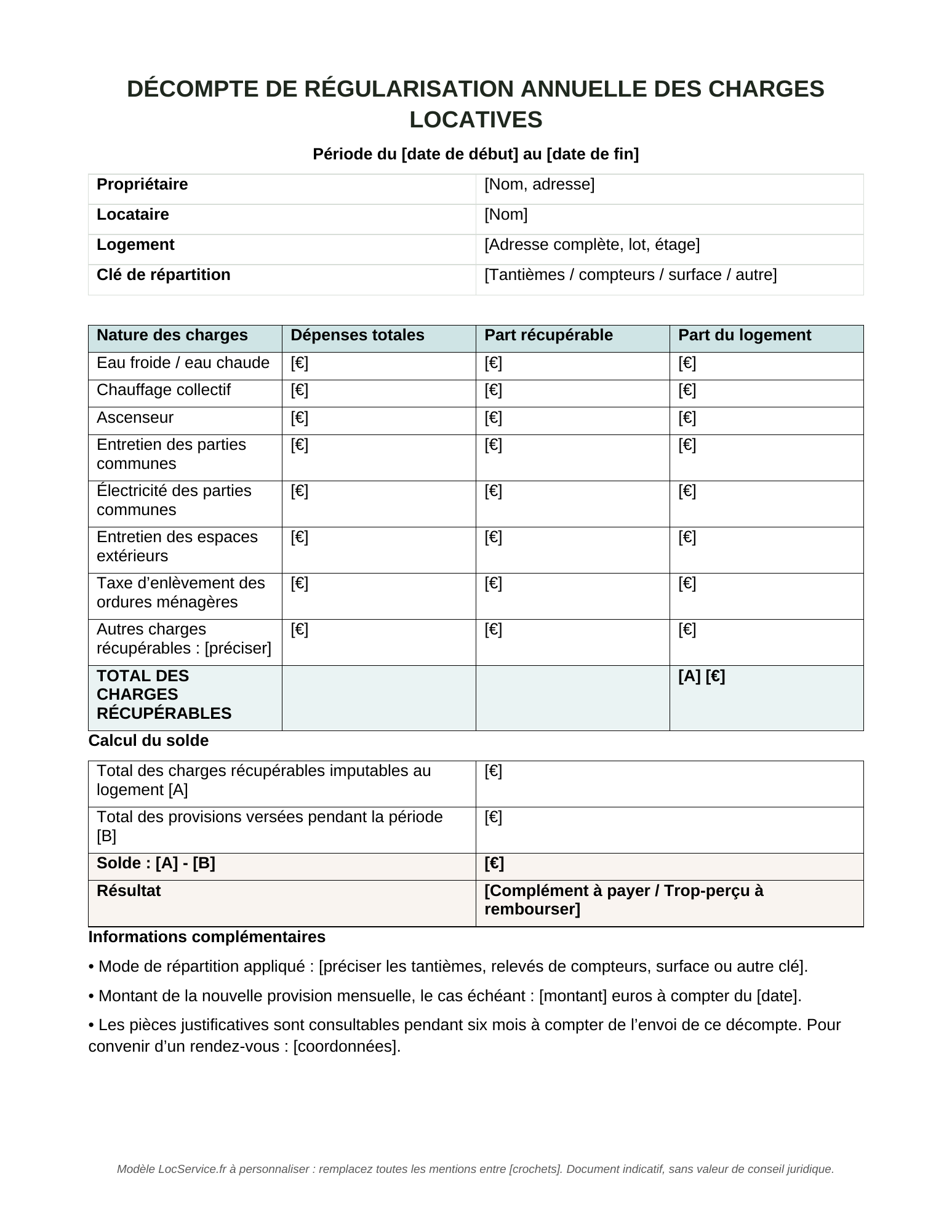Aperçu du modèle de décompte de régularisation des charges locatives