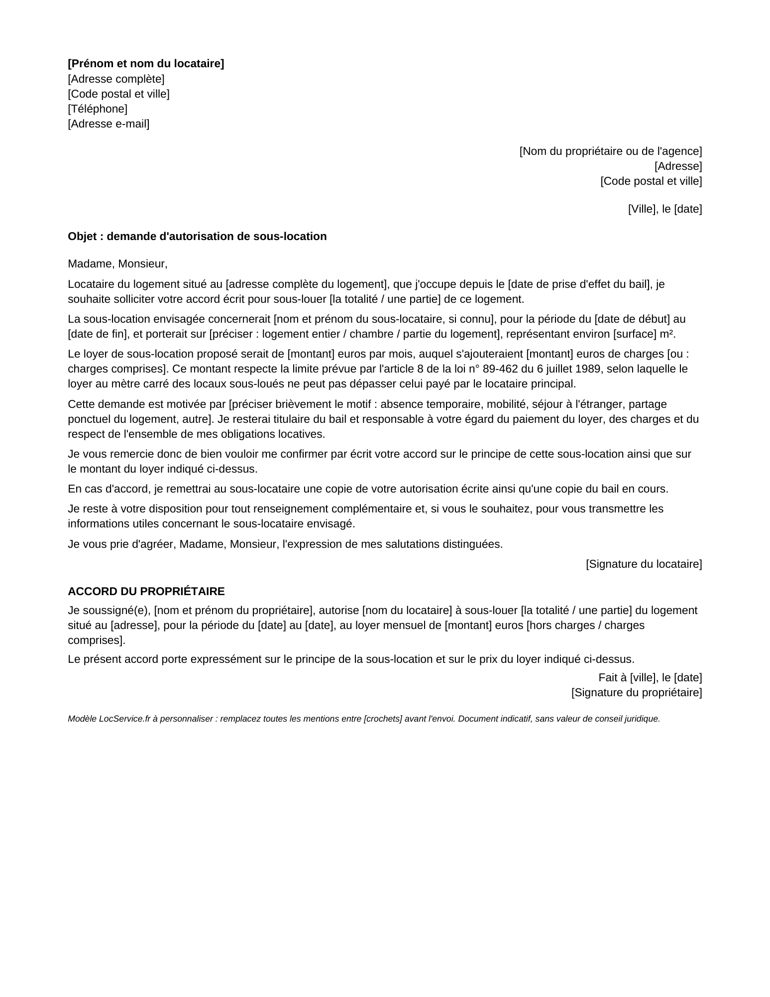 Aperçu du modèle de demande d’autorisation de sous-location