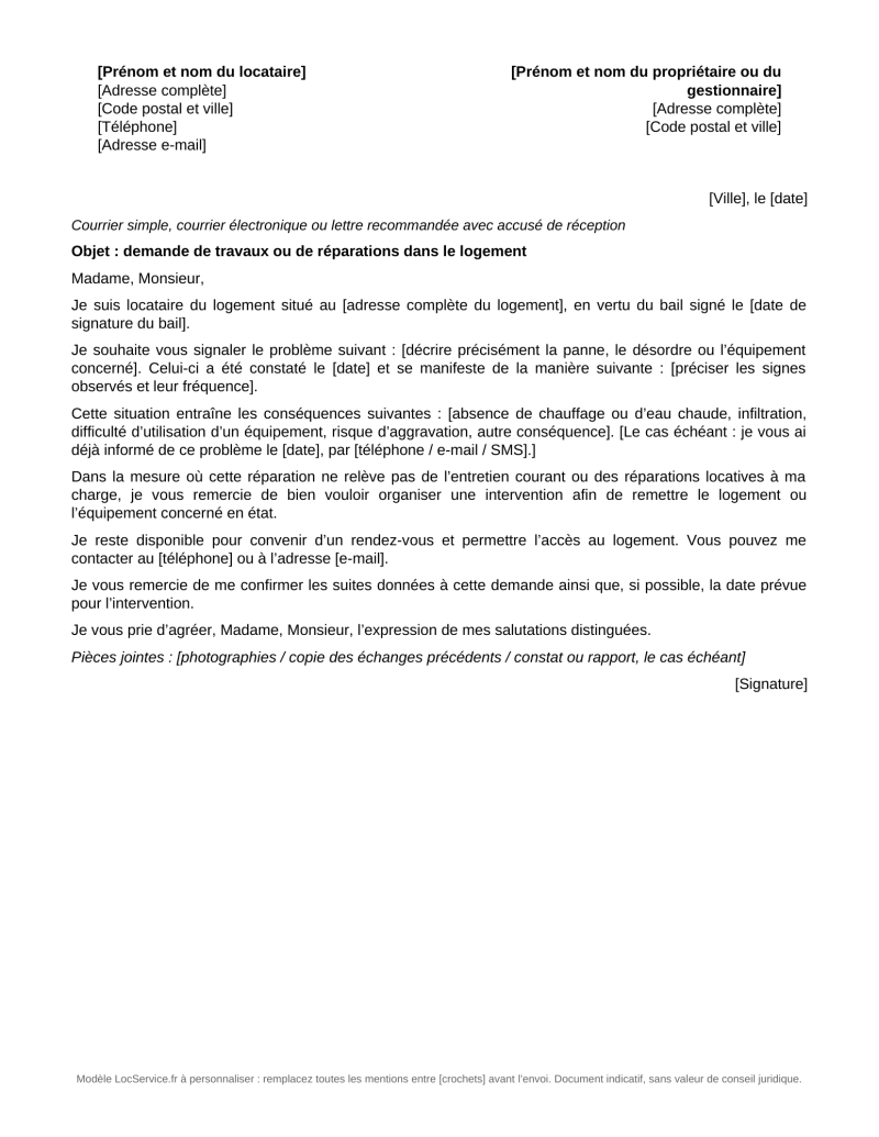 Aperçu du modèle de demande de travaux ou de réparations au propriétaire