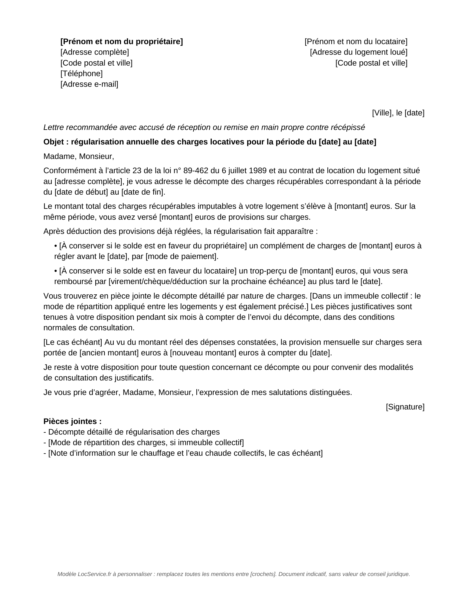 Aperçu du modèle de lettre de régularisation annuelle des charges locatives