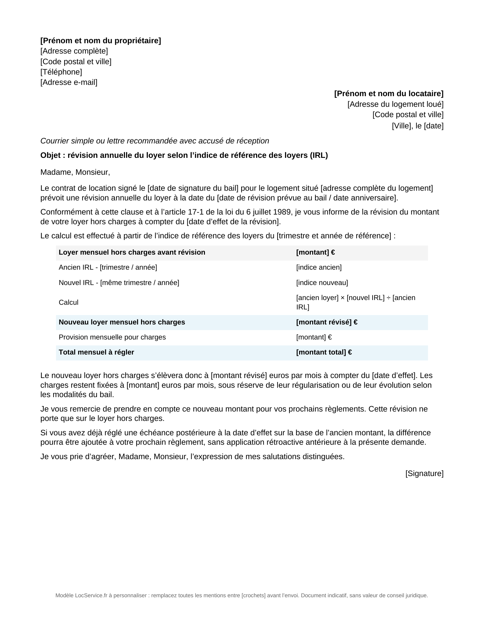 Aperçu du modèle de lettre de révision annuelle du loyer selon l’IRL