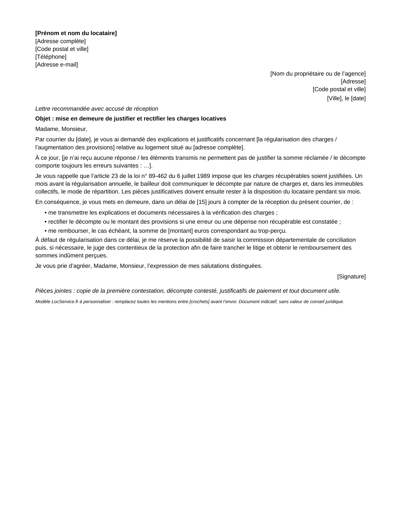 Aperçu du modèle de mise en demeure de rectifier les charges locatives