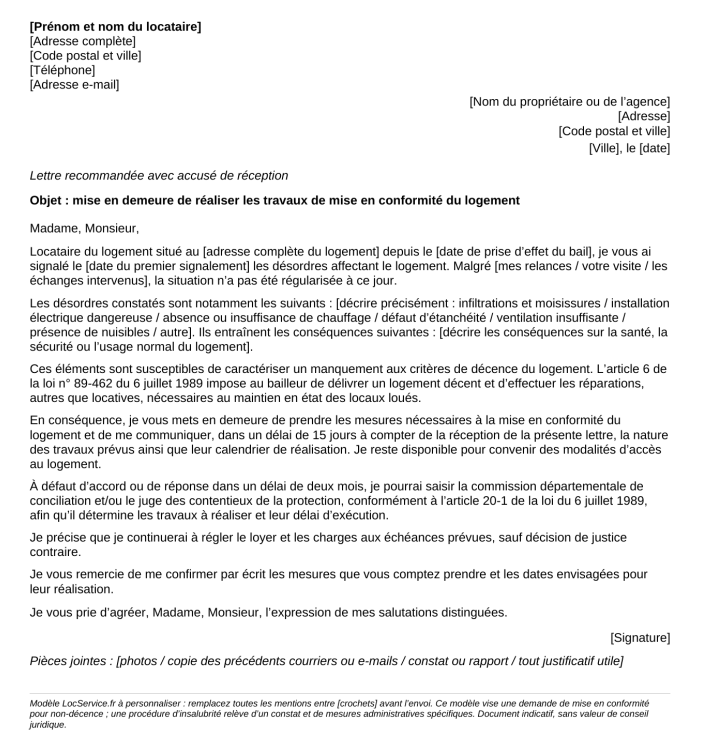 Aperçu du modèle de mise en demeure pour travaux dans un logement non décent