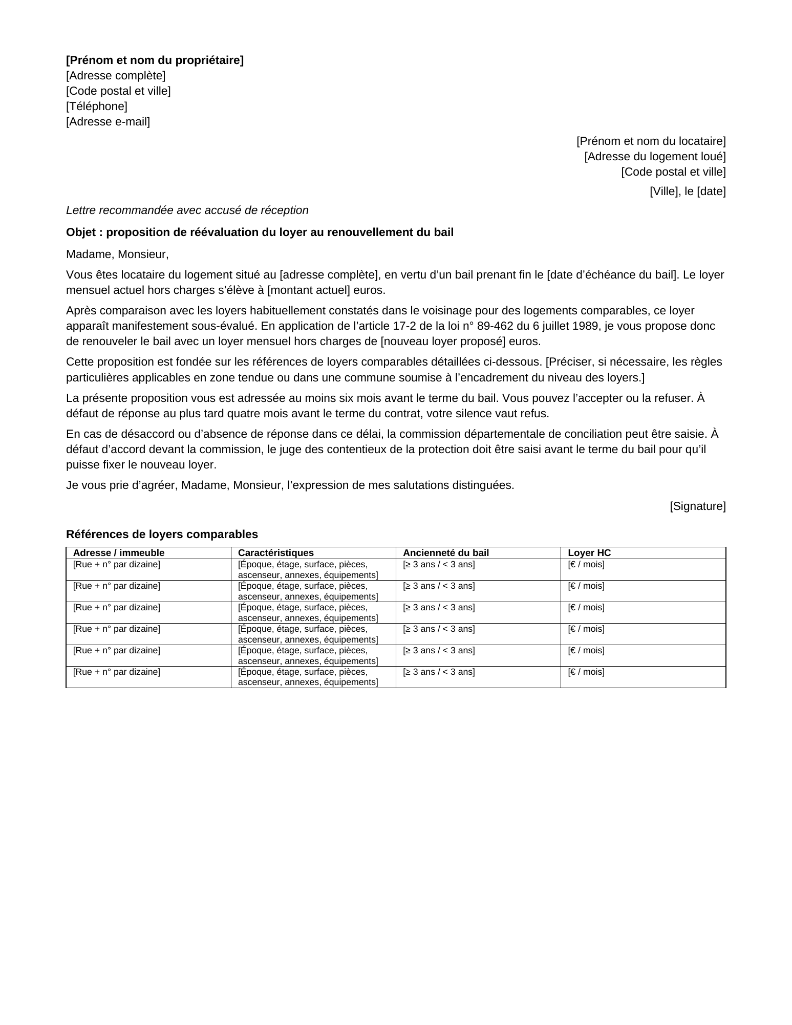 Aperçu du modèle de proposition d’augmentation d’un loyer sous-évalué