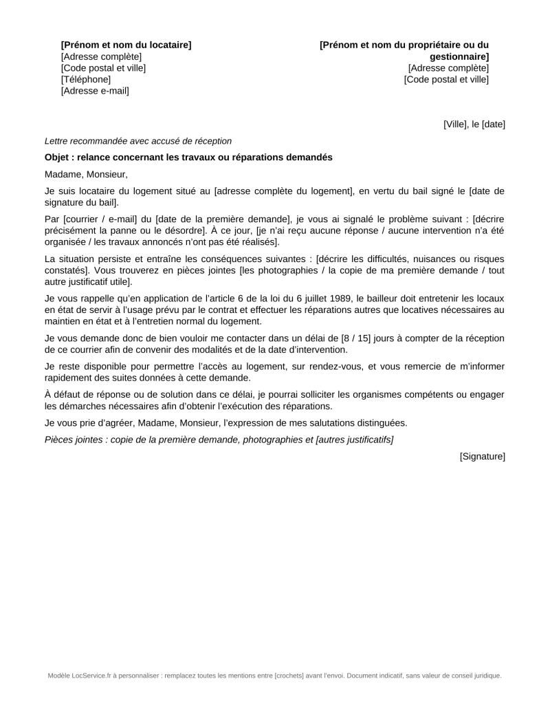 Aperçu du modèle de relance adressée au propriétaire pour des travaux non réalisés
