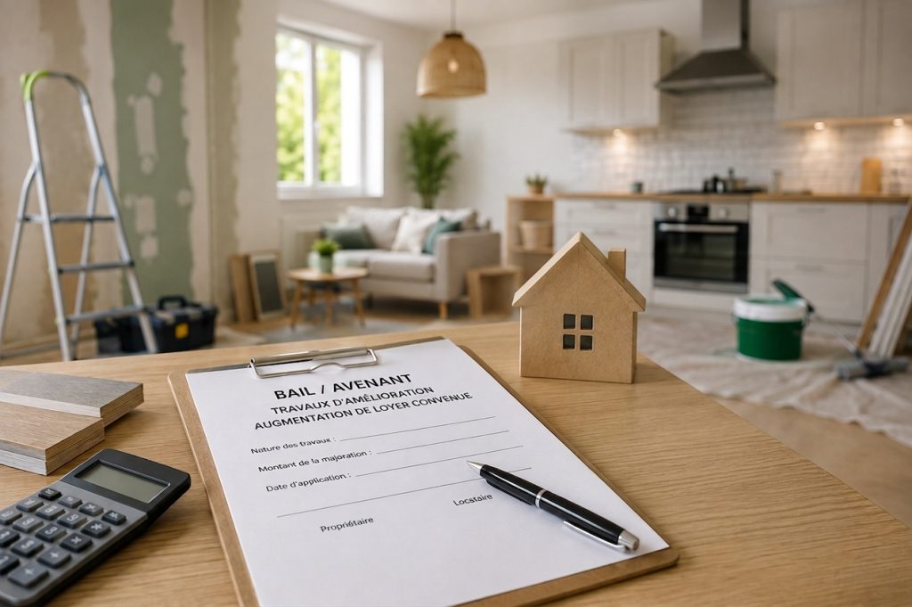 Avenant au bail de location pour travaux d'amélioration posé sur une table en bois avec calculette et appartement en rénovation en arrière-plan